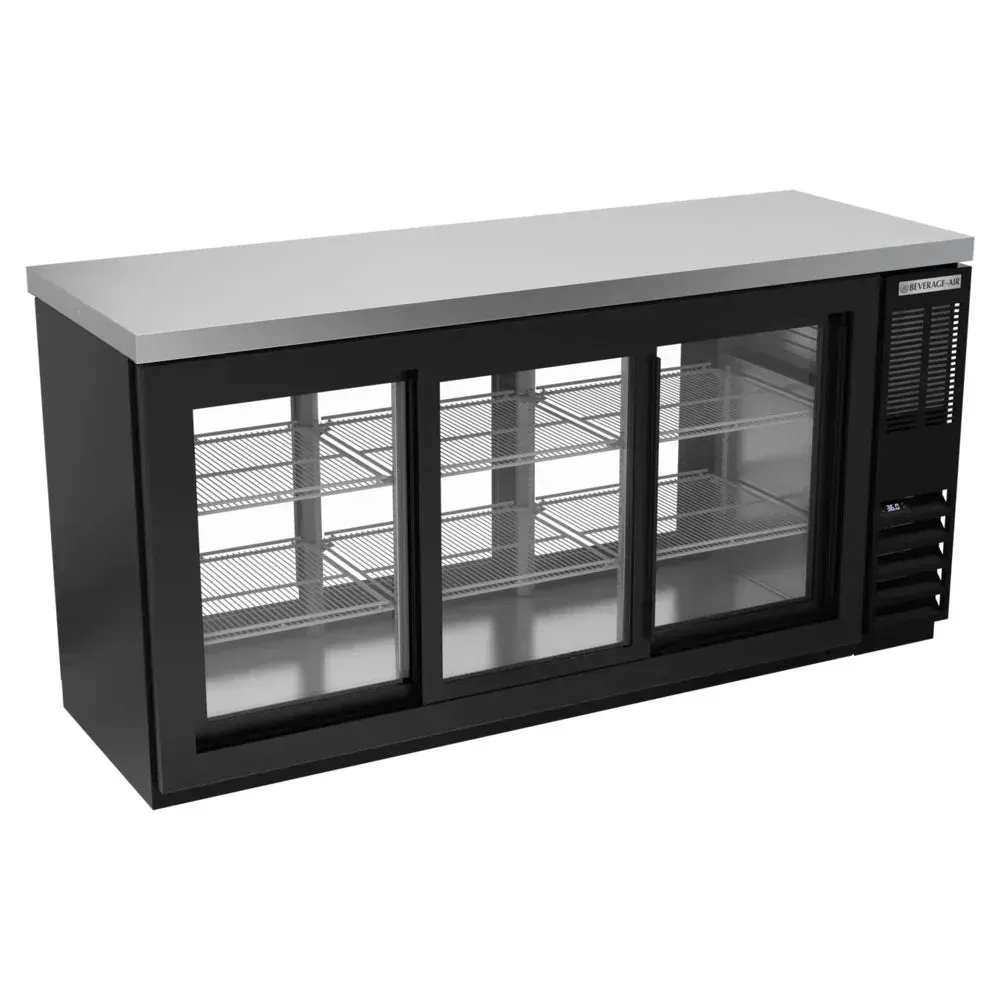 Black counter height back bar refrigerator from Beverage-Air with pass-through glass doors, perfect for visible beverage storage and efficiency.