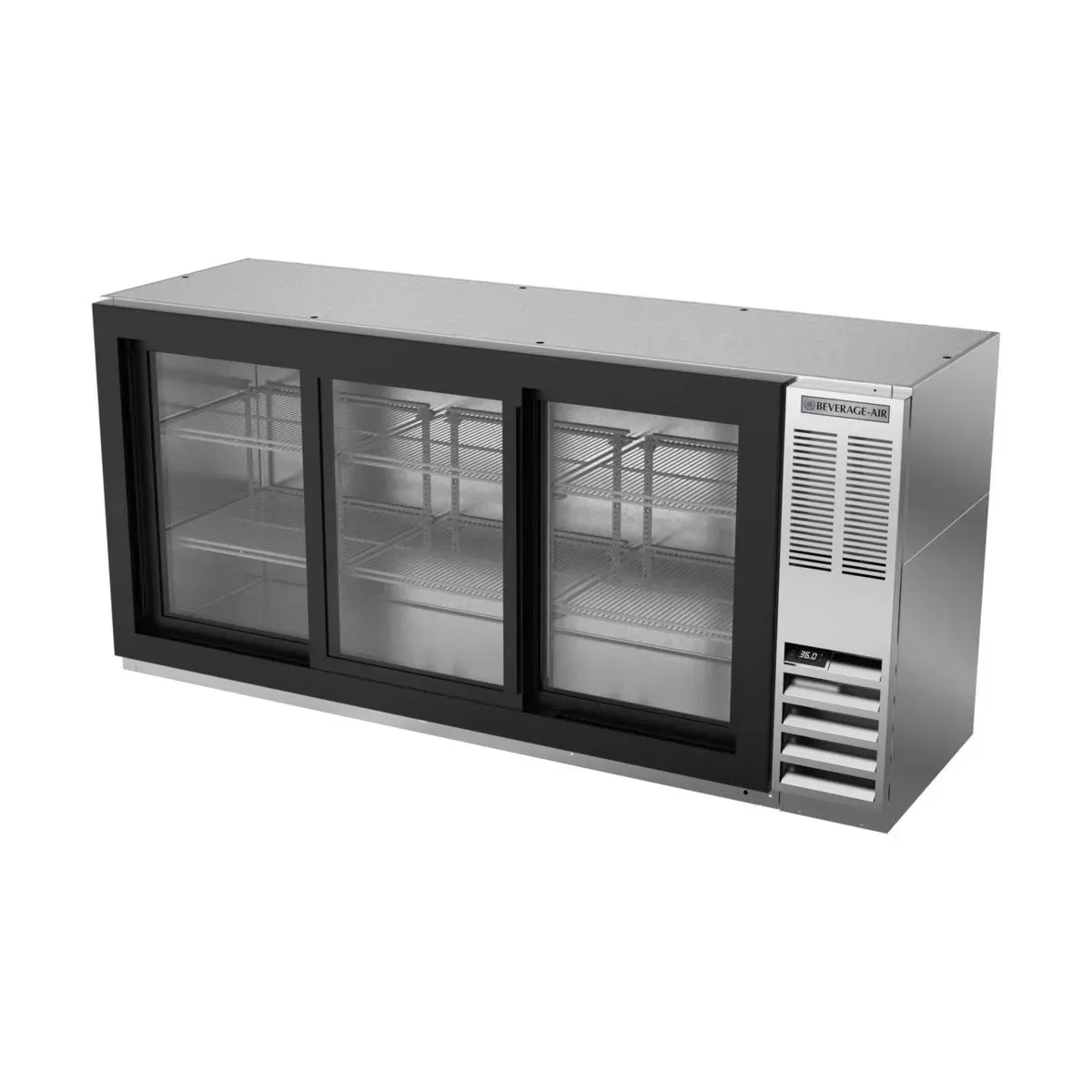 Stainless steel counter back bar refrigerator by Beverage-Air with sliding glass doors, food-safe and counter height for restaurant use.