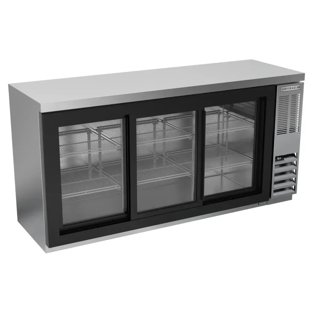 Stainless steel back bar refrigerator from Beverage-Air with sliding glass doors, perfect for showcasing drinks in busy hospitality spaces.