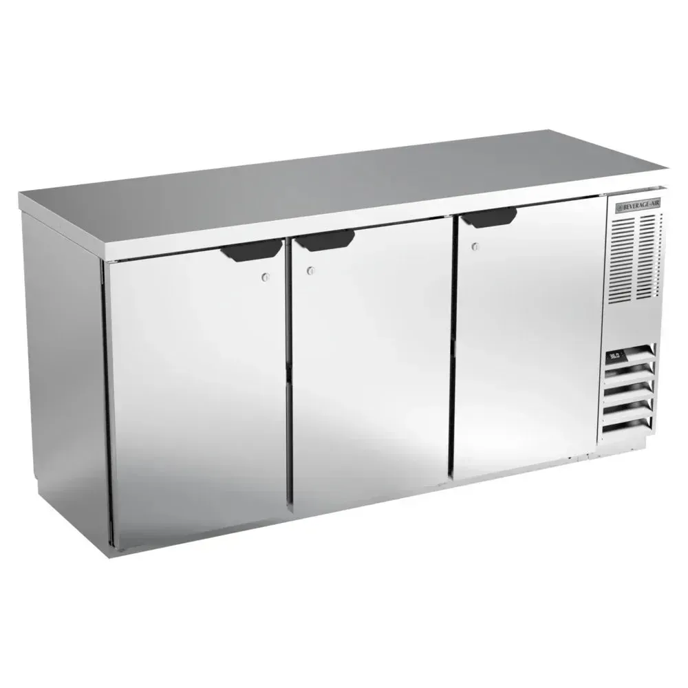 Stainless steel pass-through back bar refrigerator from Beverage-Air with solid doors, built for accessible beverage storage in busy bars.