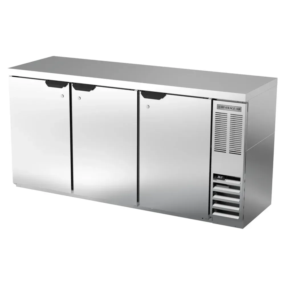 Stainless steel counter height back bar refrigerator from Beverage-Air with solid doors, perfect for storing chilled drinks and bar supplies.