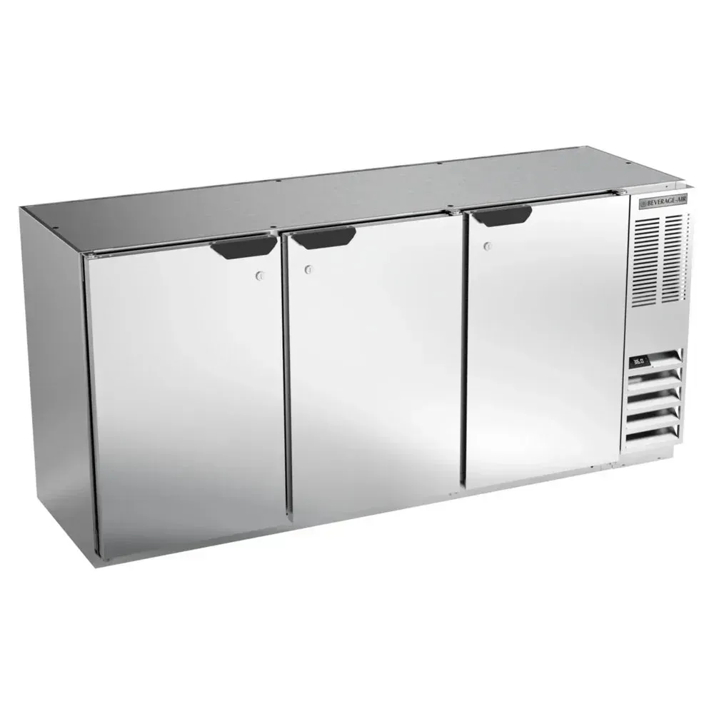 Stainless steel underbar back bar refrigerator by Beverage-Air with solid doors, designed for compact and reliable beverage storage in bars.