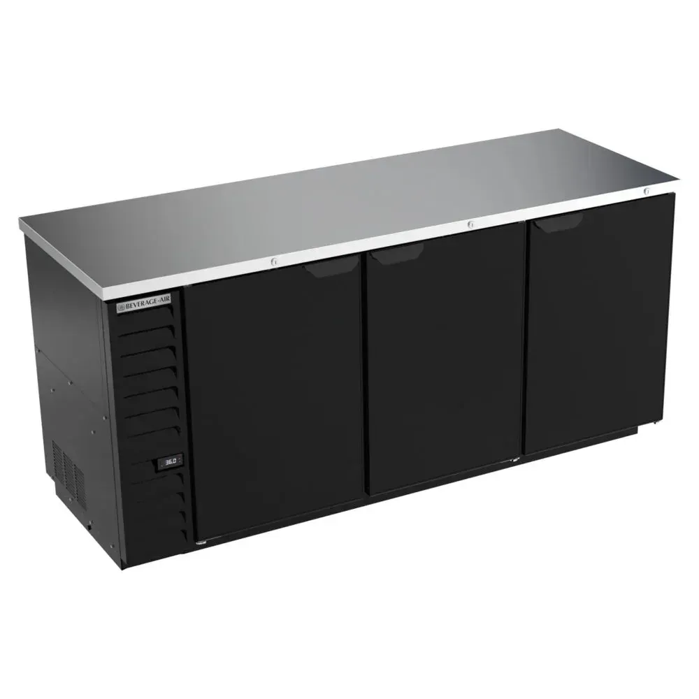 Black counter height back bar refrigerator from Beverage-Air with solid doors, food rated for safe beverage and perishable storage in bars.