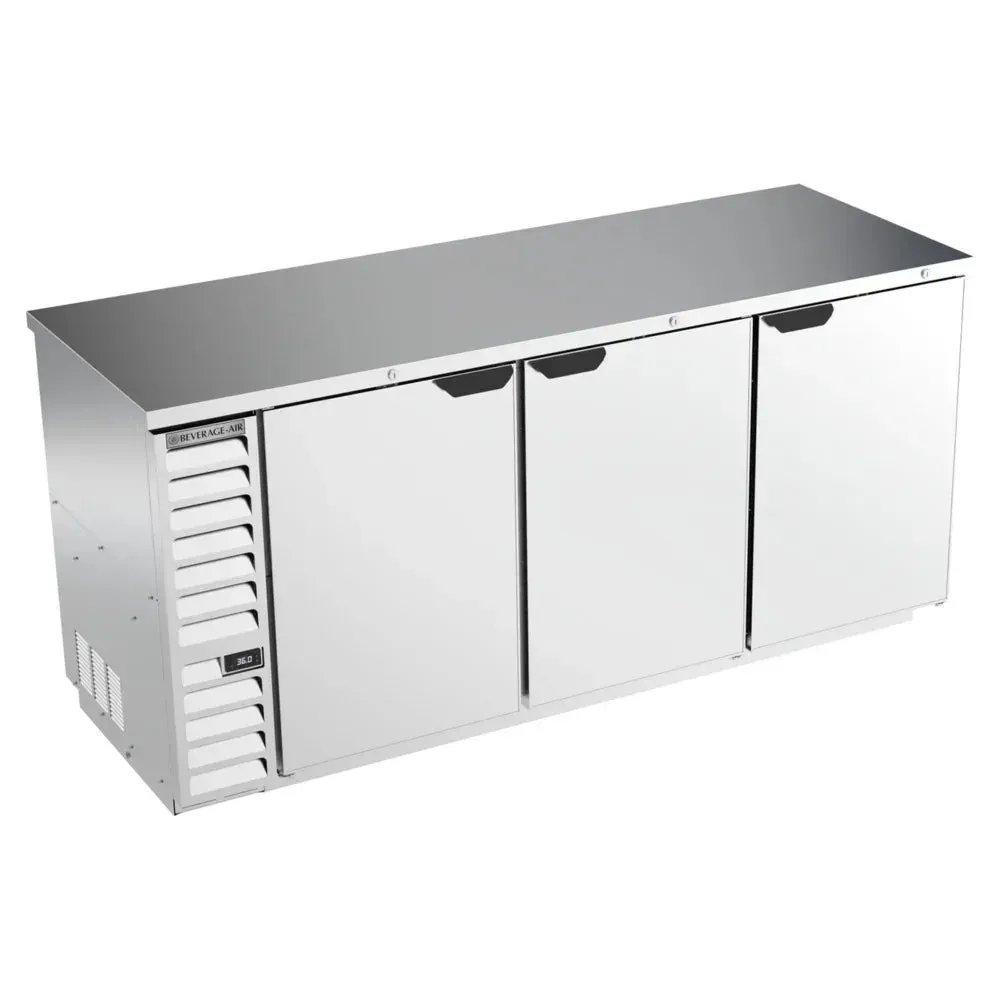 Food-rated stainless steel back bar refrigerator by Beverage-Air with solid doors, built for safe cold storage in professional food service.