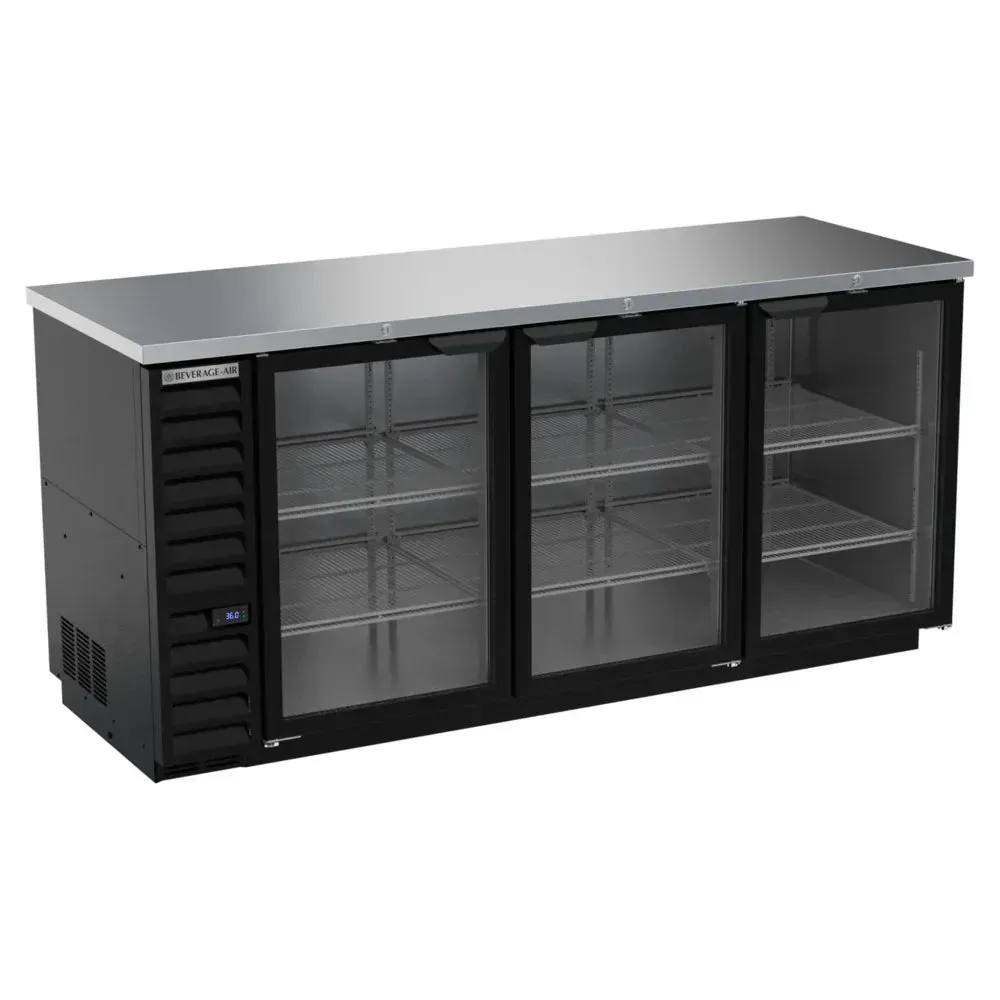 Black back bar refrigerator by Beverage-Air with food-rated glass doors and LED lighting, perfect for stylish visible cold storage in bars.