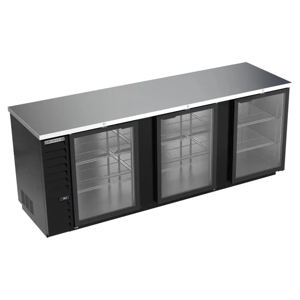 Black counter height back bar refrigerator by Beverage-Air with food-rated glass doors, ideal for displaying and storing cold perishable items.