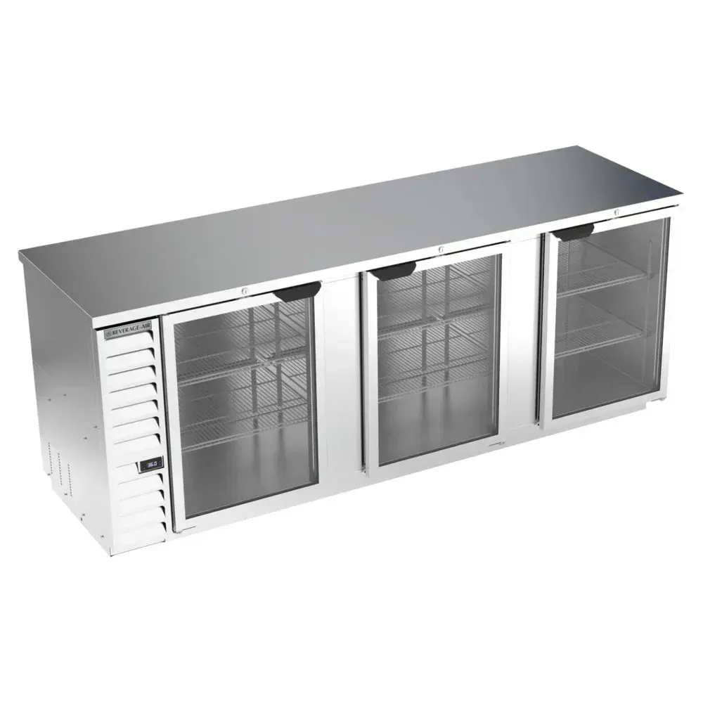Glass door back bar refrigerator by Beverage-Air with a counter height design, ideal for visible beverage storage in bars and restaurants.