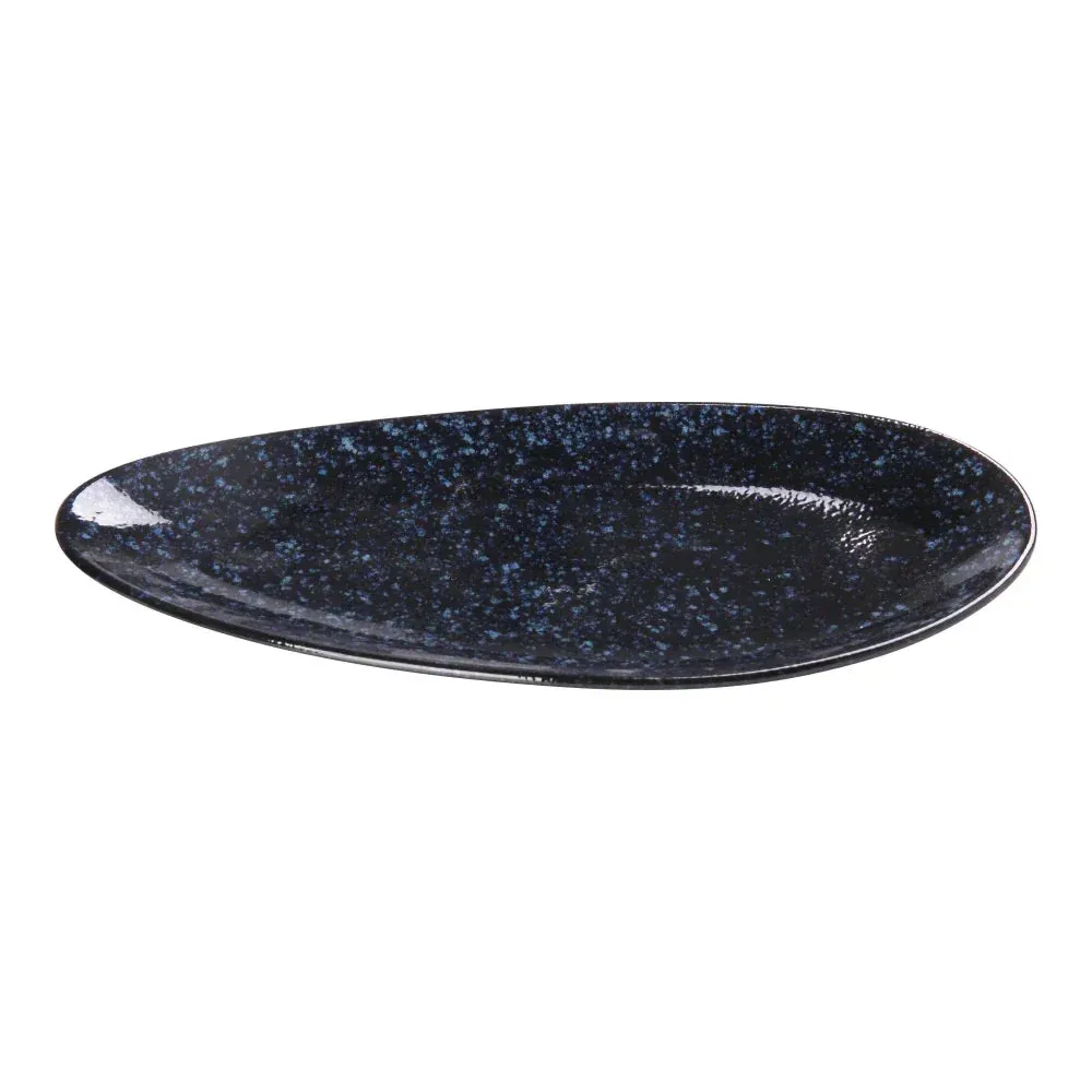 Blue leaf shaped plate from Yanco China, unique for serving or display, perfect for snacks, desserts, or hors d'oeuvres with a modern flair.
