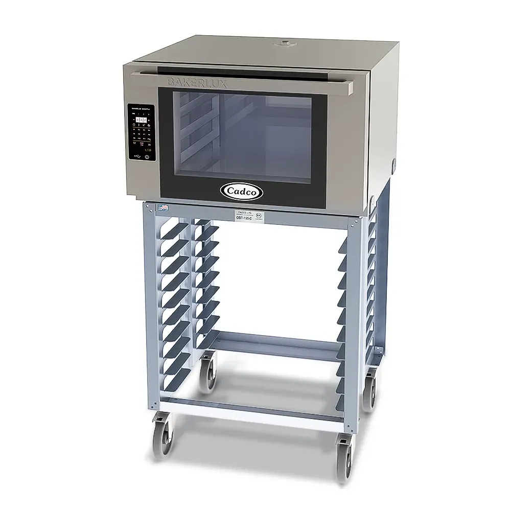 Cadco heavy-duty digital countertop convection oven with four shelves, full-size stainless body, LED controls, durable build for commercial kitchens.