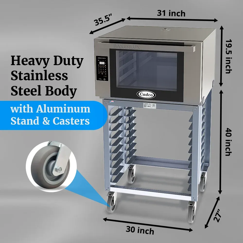 Cadco heavy-duty digital countertop convection oven with four shelves, full-size stainless body, LED controls, durable build for commercial kitchens.