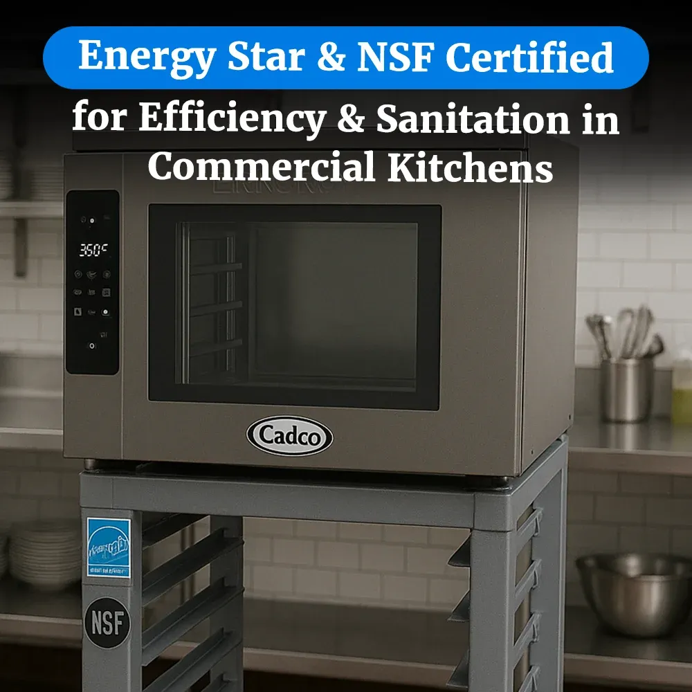 Cadco heavy-duty digital countertop convection oven with four shelves, full-size stainless body, LED controls, durable build for commercial kitchens.