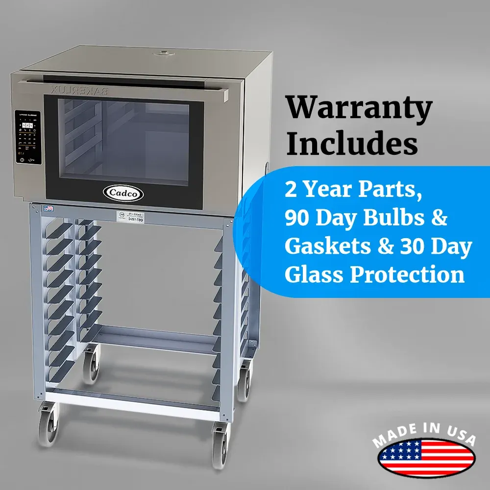 Cadco heavy-duty digital countertop convection oven with four shelves, full-size stainless body, LED controls, durable build for commercial kitchens.