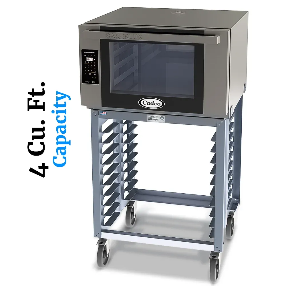 Cadco heavy-duty digital countertop convection oven with four shelves, full-size stainless body, LED controls, durable build for commercial kitchens.