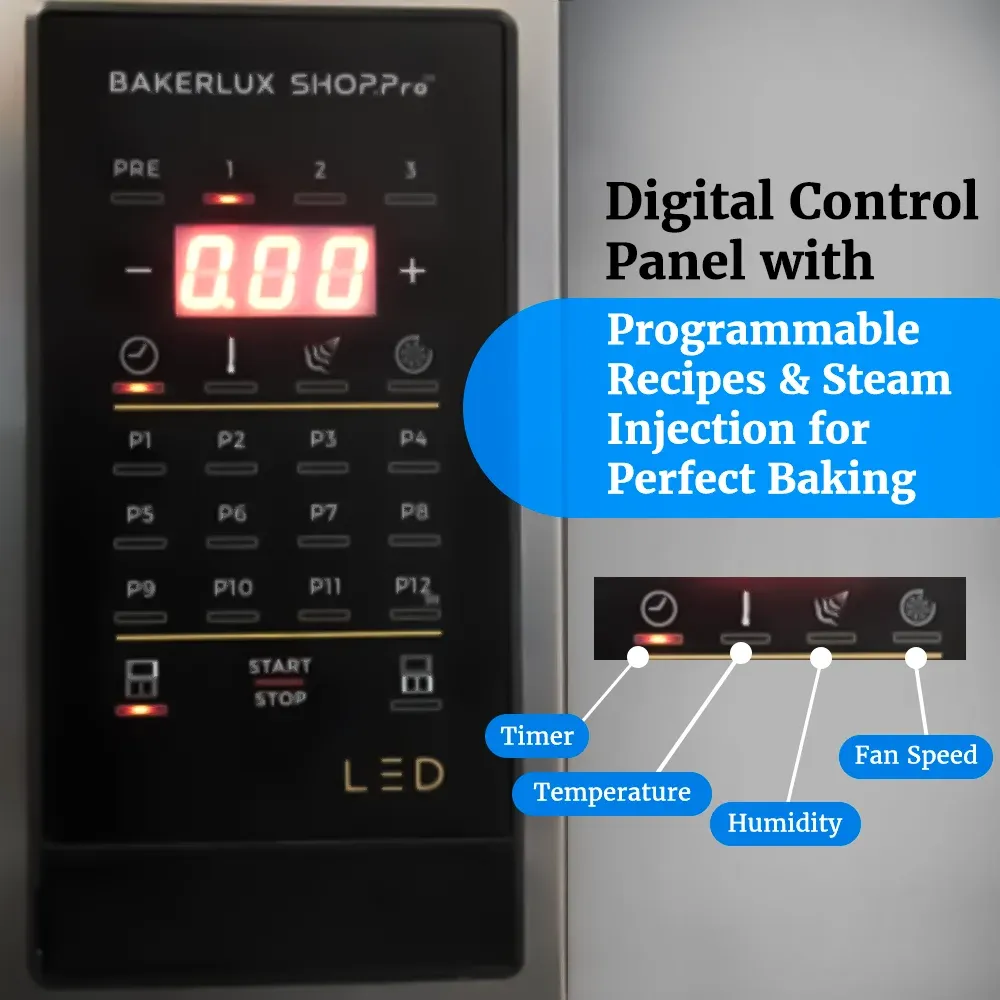 Cadco heavy-duty digital countertop convection oven with four shelves, full-size stainless body, LED controls, durable build for commercial kitchens.