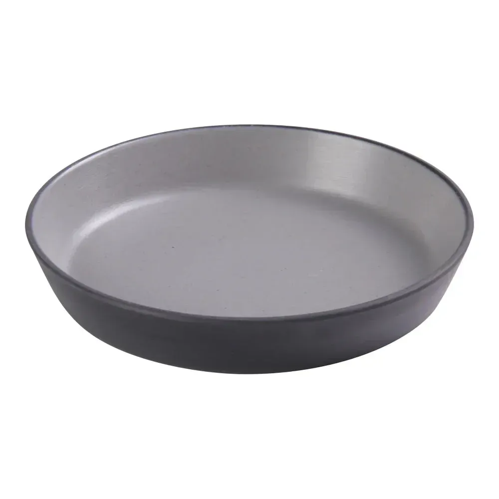 Grey deep dish with a black rim from Yanco China, a sixteen ounce bowl perfect for everyday dining, offering durability and a stylish look.