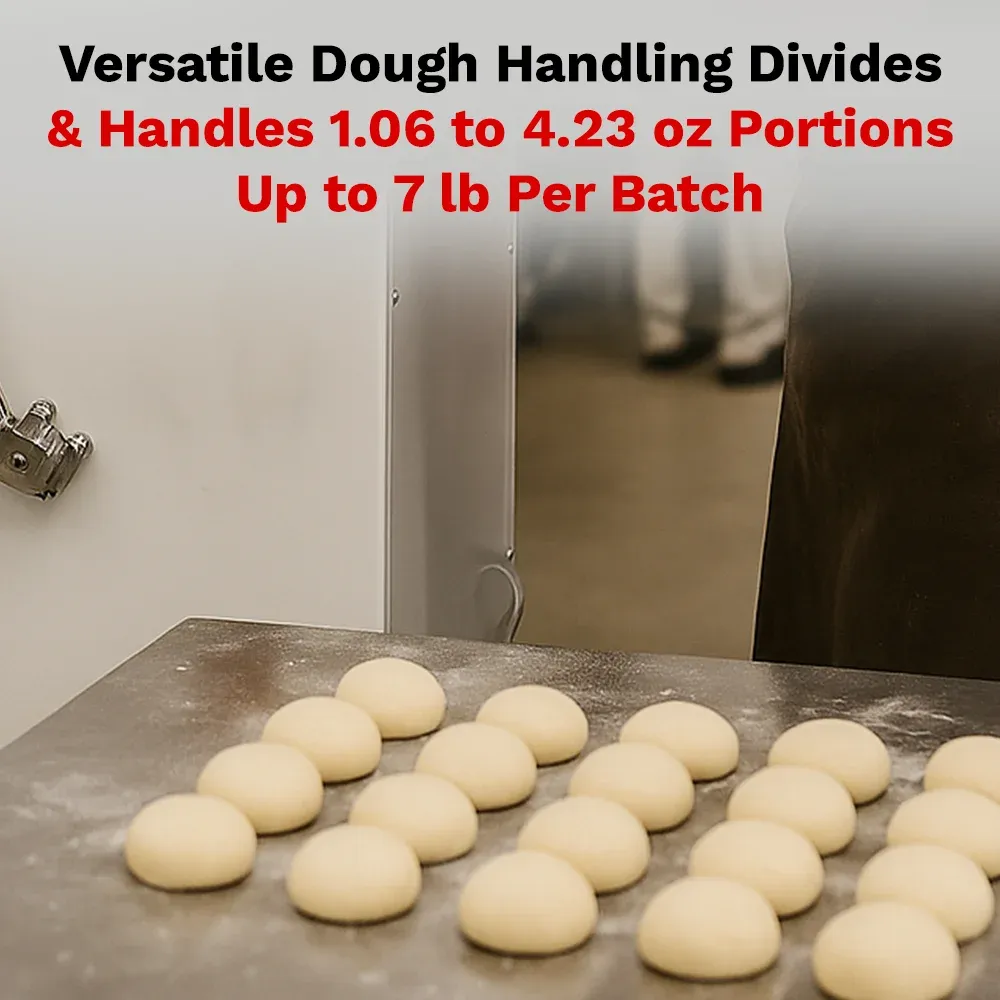 BakeMax Automatic bun dough divider with stainless steel body, high-speed gentle dough handling, compact design, easy cleaning for bakery environments