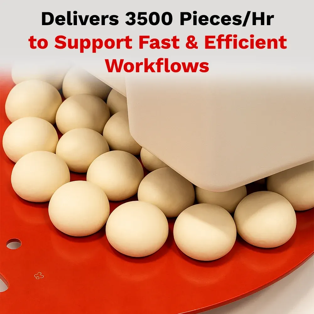 BakeMax Automatic bun dough divider with stainless steel body, high-speed gentle dough handling, compact design, easy cleaning for bakery environments