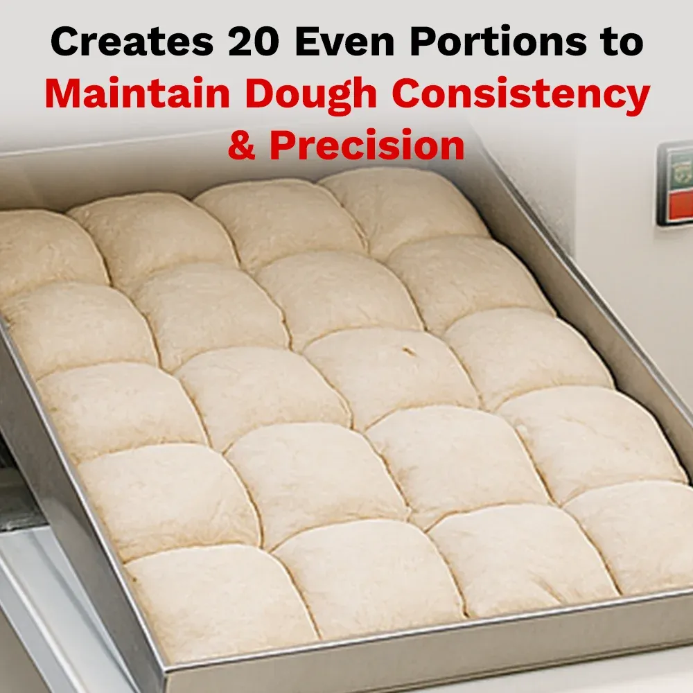 BakeMax Hydraulic dough divider with stainless build, floor model with high output, easy to clean, ideal for dividing large dough blocks in bakeries.