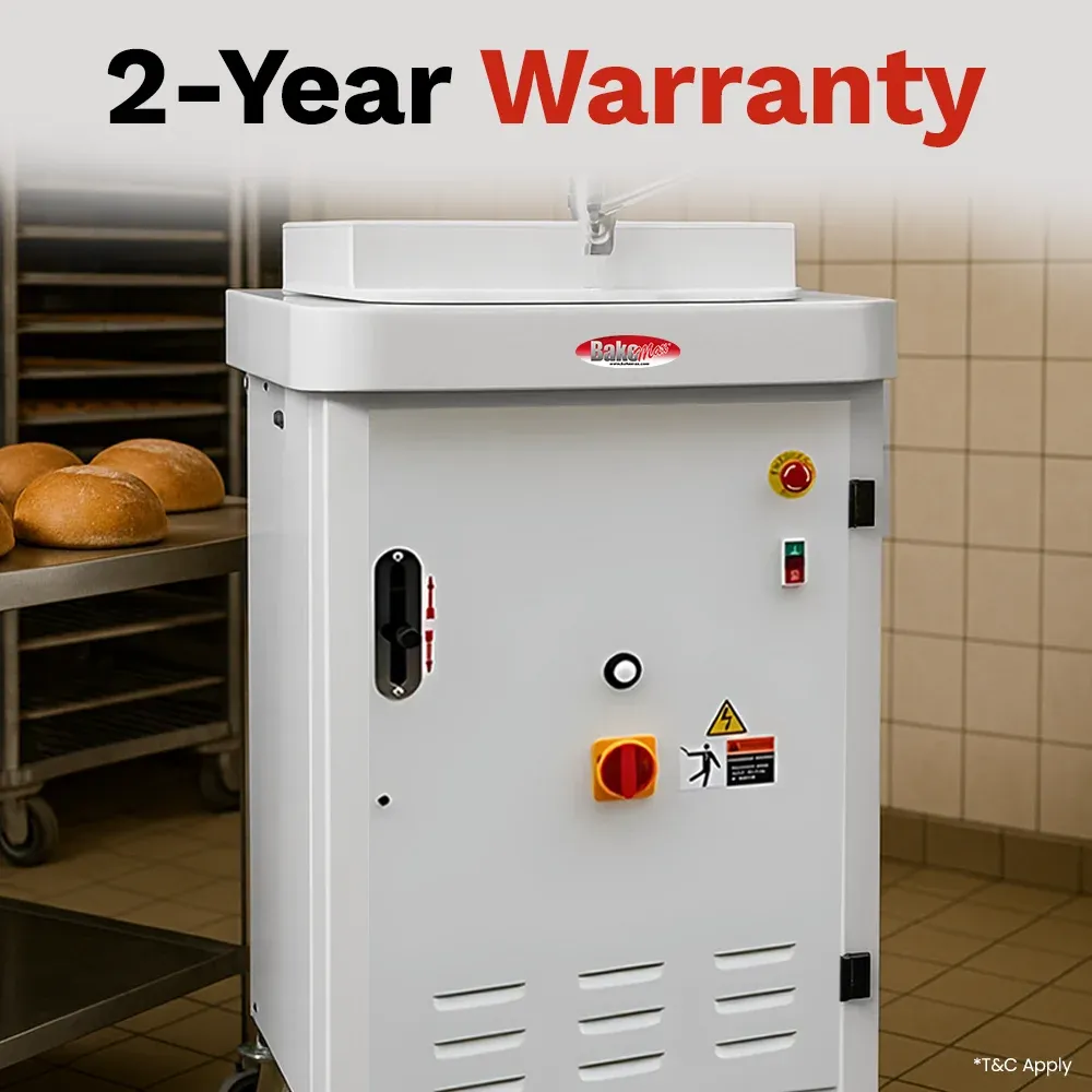 BakeMax Hydraulic dough divider with stainless build, floor model with high output, easy to clean, ideal for dividing large dough blocks in bakeries.