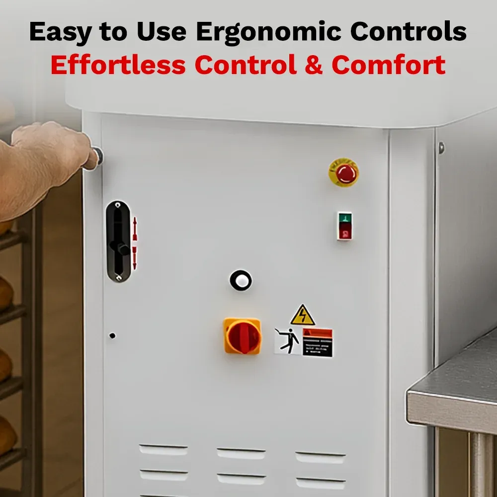 BakeMax Hydraulic dough divider with stainless build, floor model with high output, easy to clean, ideal for dividing large dough blocks in bakeries.