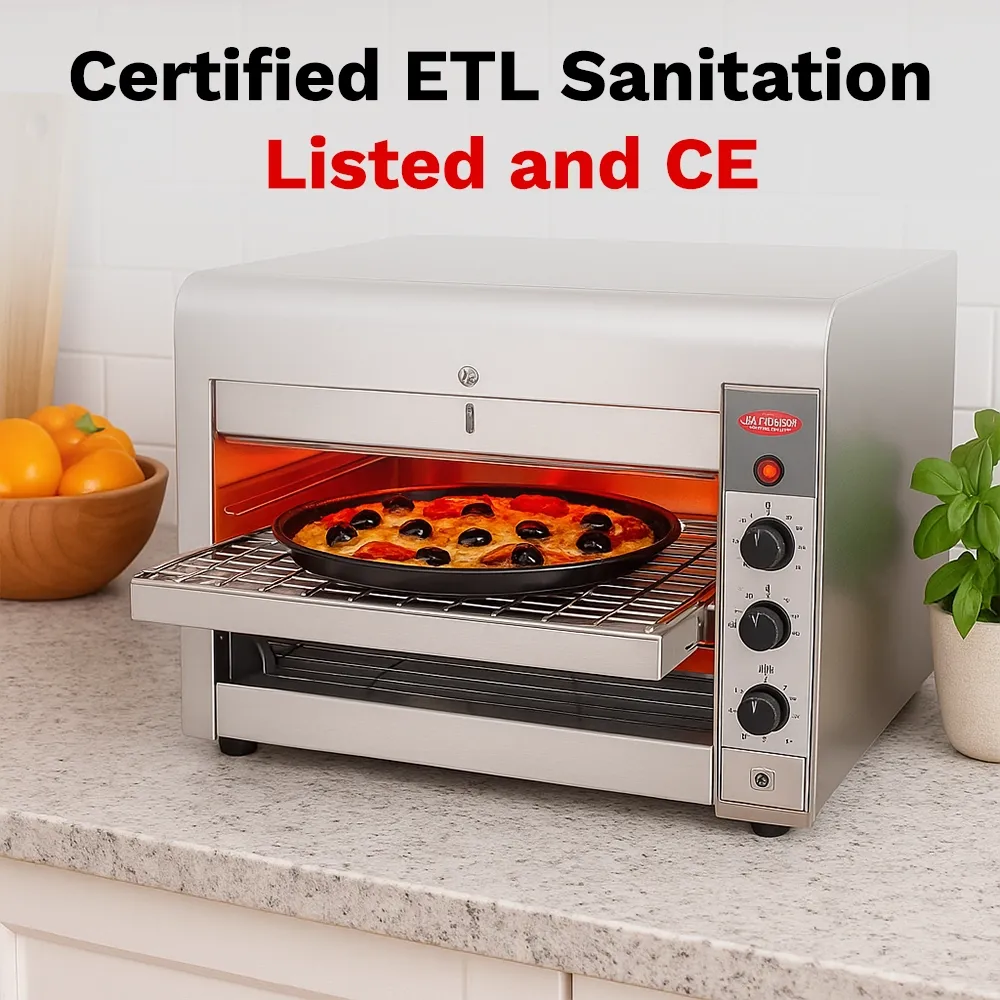 BakeMax conveyor oven with eighteen-inch belt bakes 180 items per hour, great for sandwiches, snacks, or small pizzas. Features digital control panel.