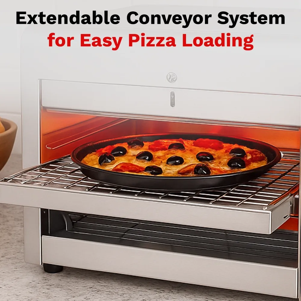 BakeMax conveyor oven with eighteen-inch belt bakes 180 items per hour, great for sandwiches, snacks, or small pizzas. Features digital control panel.