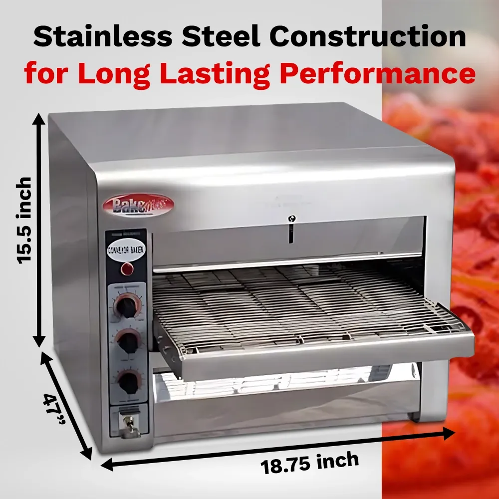 BakeMax conveyor oven with eighteen-inch belt bakes 180 items per hour, great for sandwiches, snacks, or small pizzas. Features digital control panel.