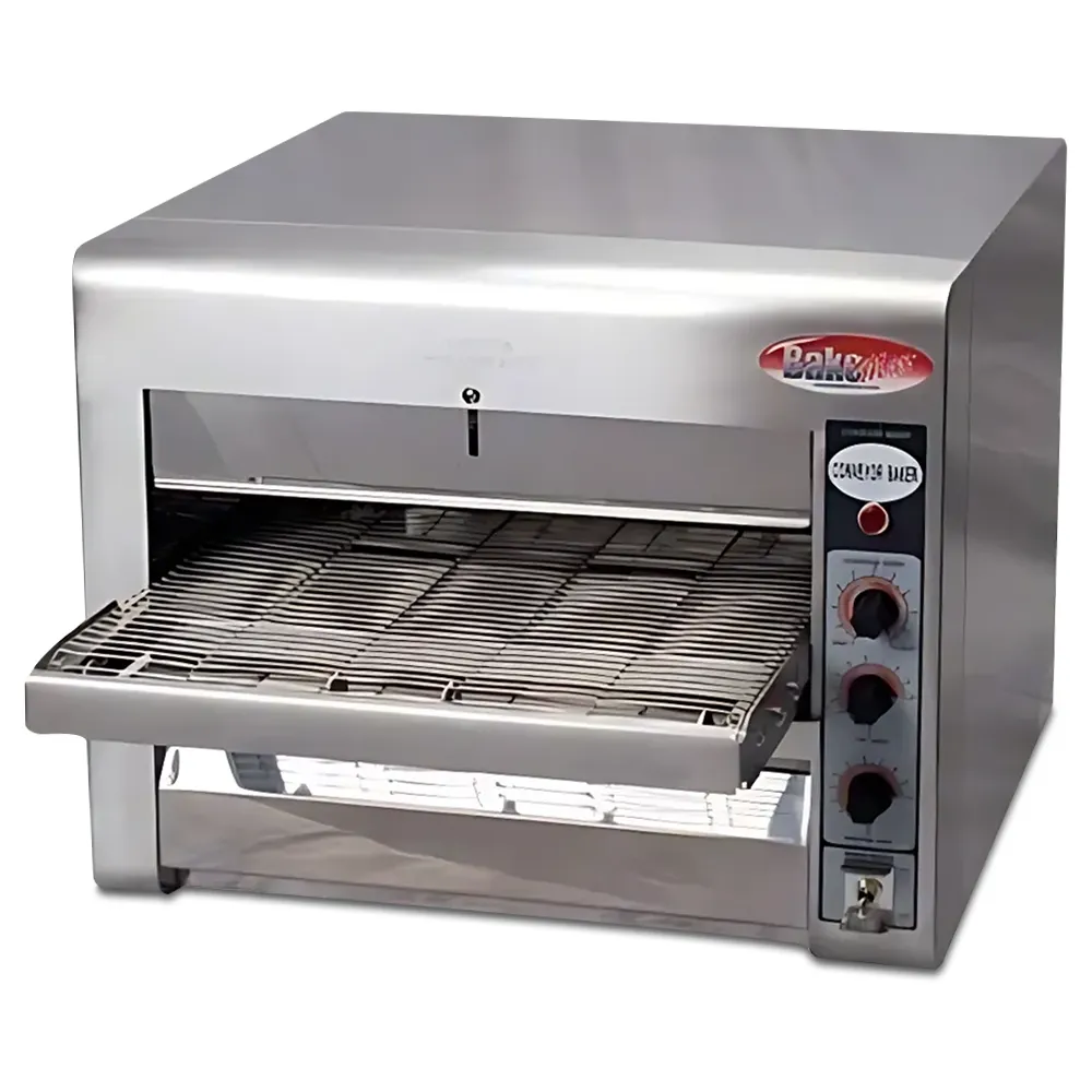 BakeMax conveyor oven with eighteen-inch belt bakes 180 items per hour, great for sandwiches, snacks, or small pizzas. Features digital control panel.