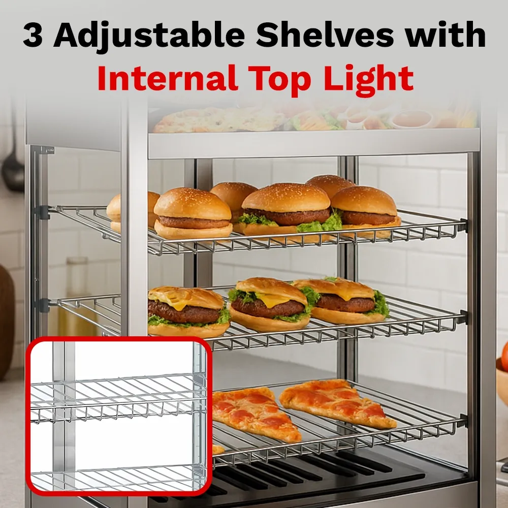 BakeMax Titan Series 18-inch compact heated countertop display case with stainless steel build, glass housing, and warming shelves for food display.