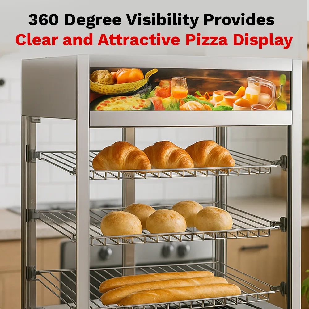BakeMax Titan Series 25-inch countertop heated display case with stainless steel body, glass front enclosure, and adjustable warming interior racks.