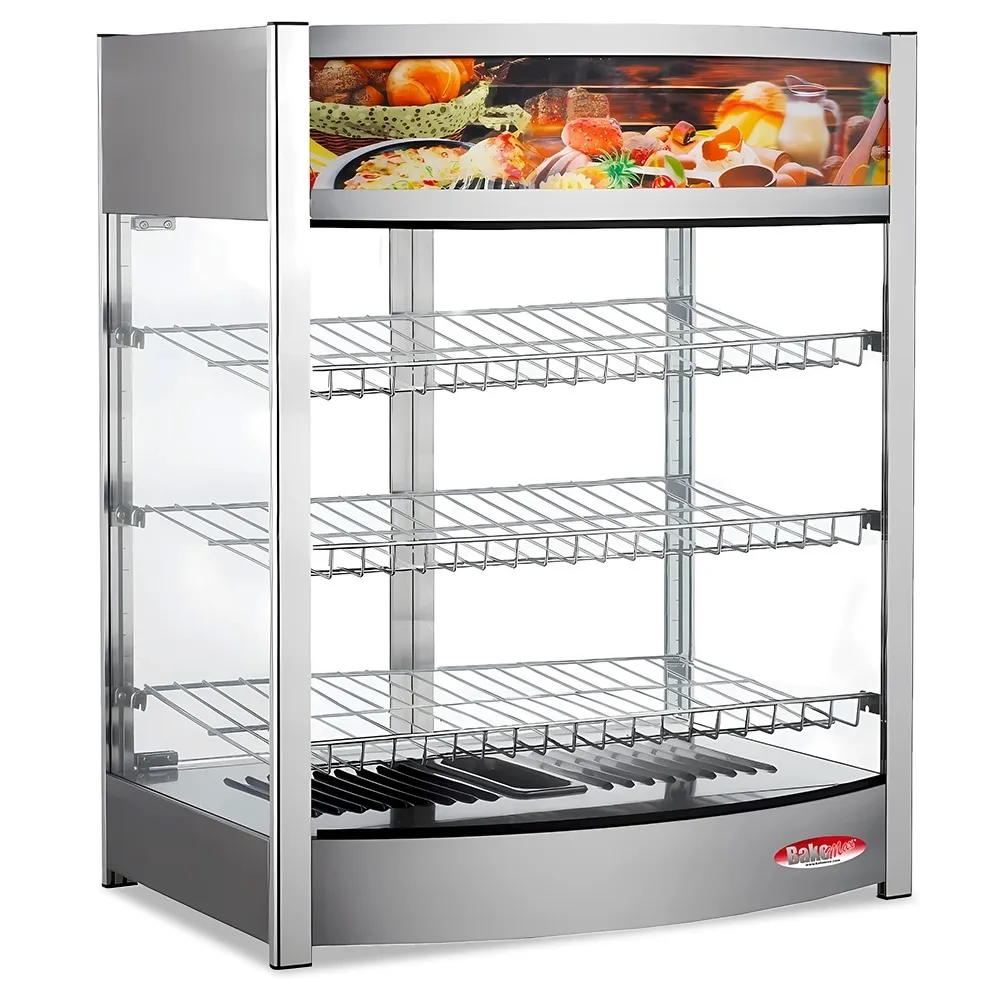 BakeMax Titan Series 25-inch countertop heated display case with stainless steel body, glass front enclosure, and adjustable warming interior racks.