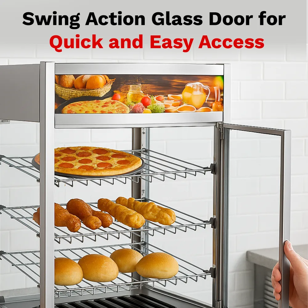 BakeMax Titan Series 25-inch countertop heated display case with stainless steel body, glass front enclosure, and adjustable warming interior racks.