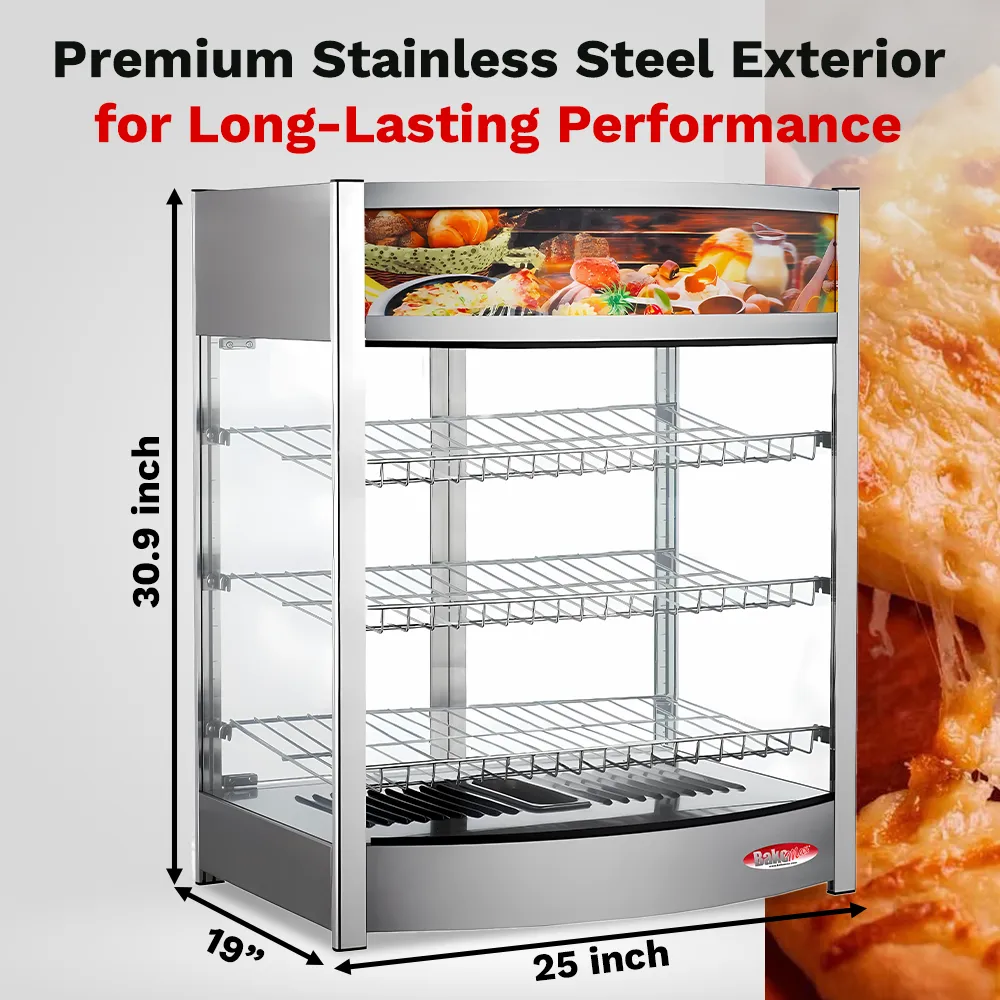 BakeMax Titan Series 25-inch countertop heated display case with stainless steel body, glass front enclosure, and adjustable warming interior racks.