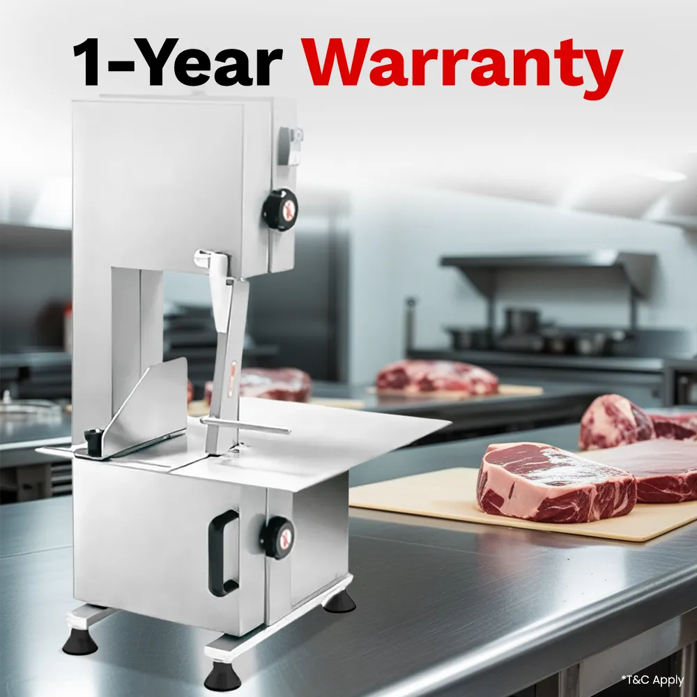 BakeMax Titan Series electric bone saw with 18-inch width, countertop unit safely cuts bone for butchers. Features safety switch and durable blade.