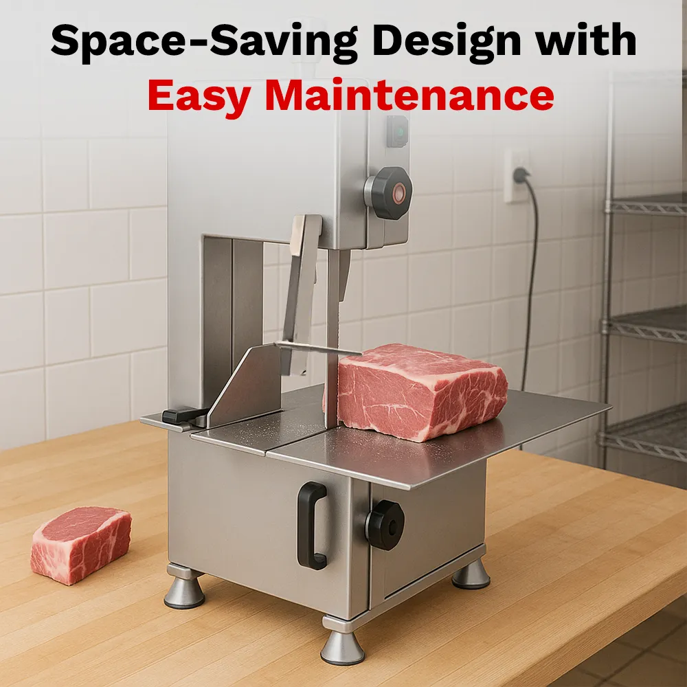 BakeMax Titan Series electric bone saw with 18-inch width, countertop unit safely cuts bone for butchers. Features safety switch and durable blade.