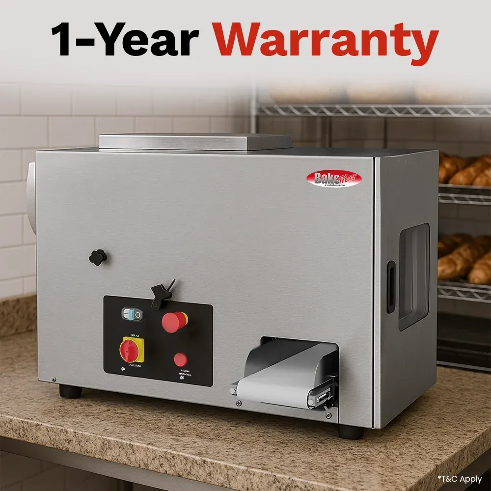 BakeMax BMCCD01 Titan Series continuous dough divider with stainless steel housing, countertop design, dough hopper, and discharge chute for bakery.