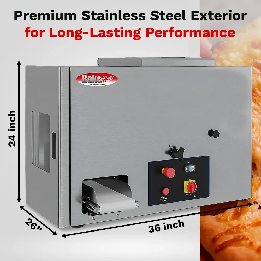 BakeMax BMCCD01 Titan Series continuous dough divider with stainless steel housing, countertop design, dough hopper, and discharge chute for bakery.