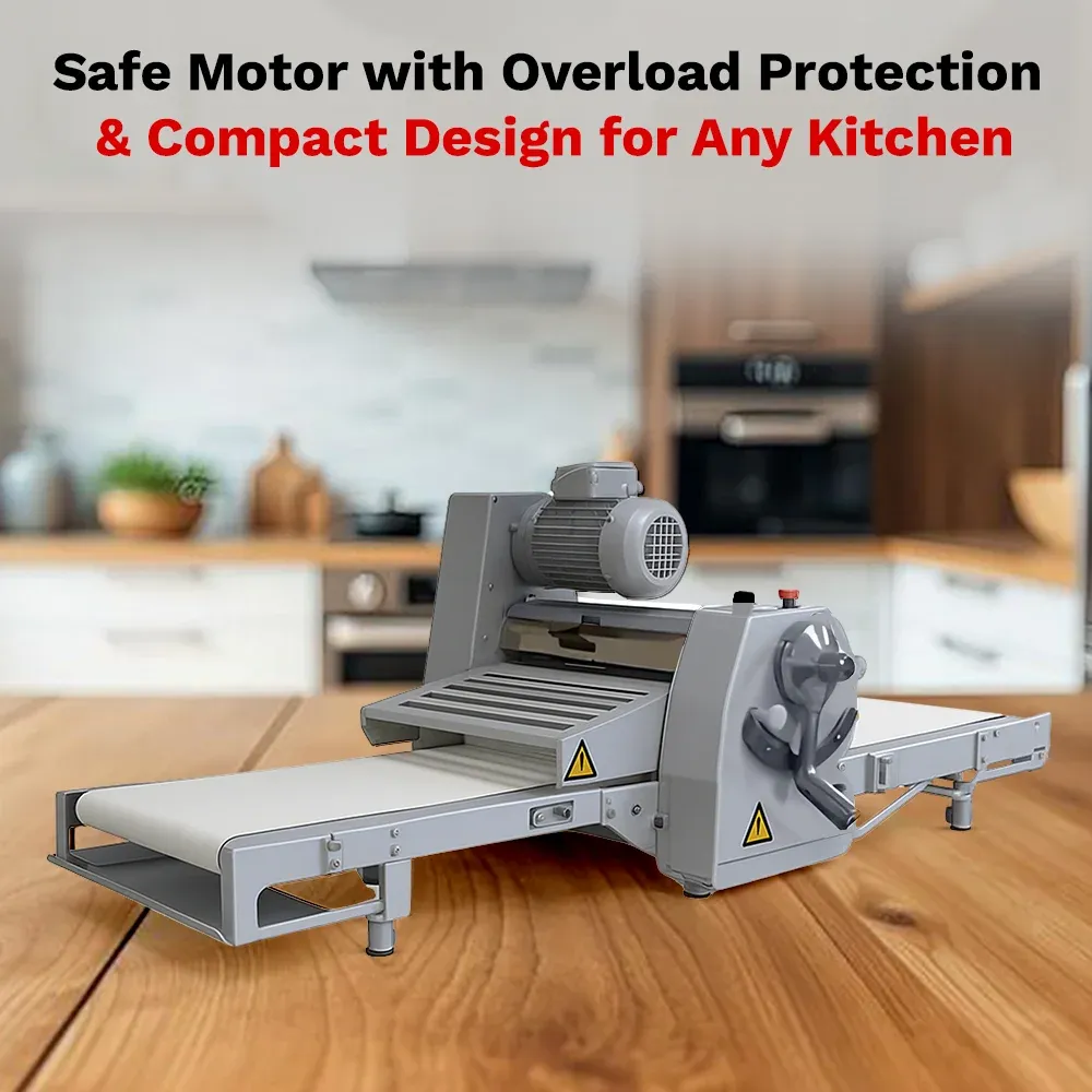 BakeMax Countertop dough sheeter with reversible stainless rollers, quiet motor, compact, reliable, easy to clean for bakery and pizza kitchens.