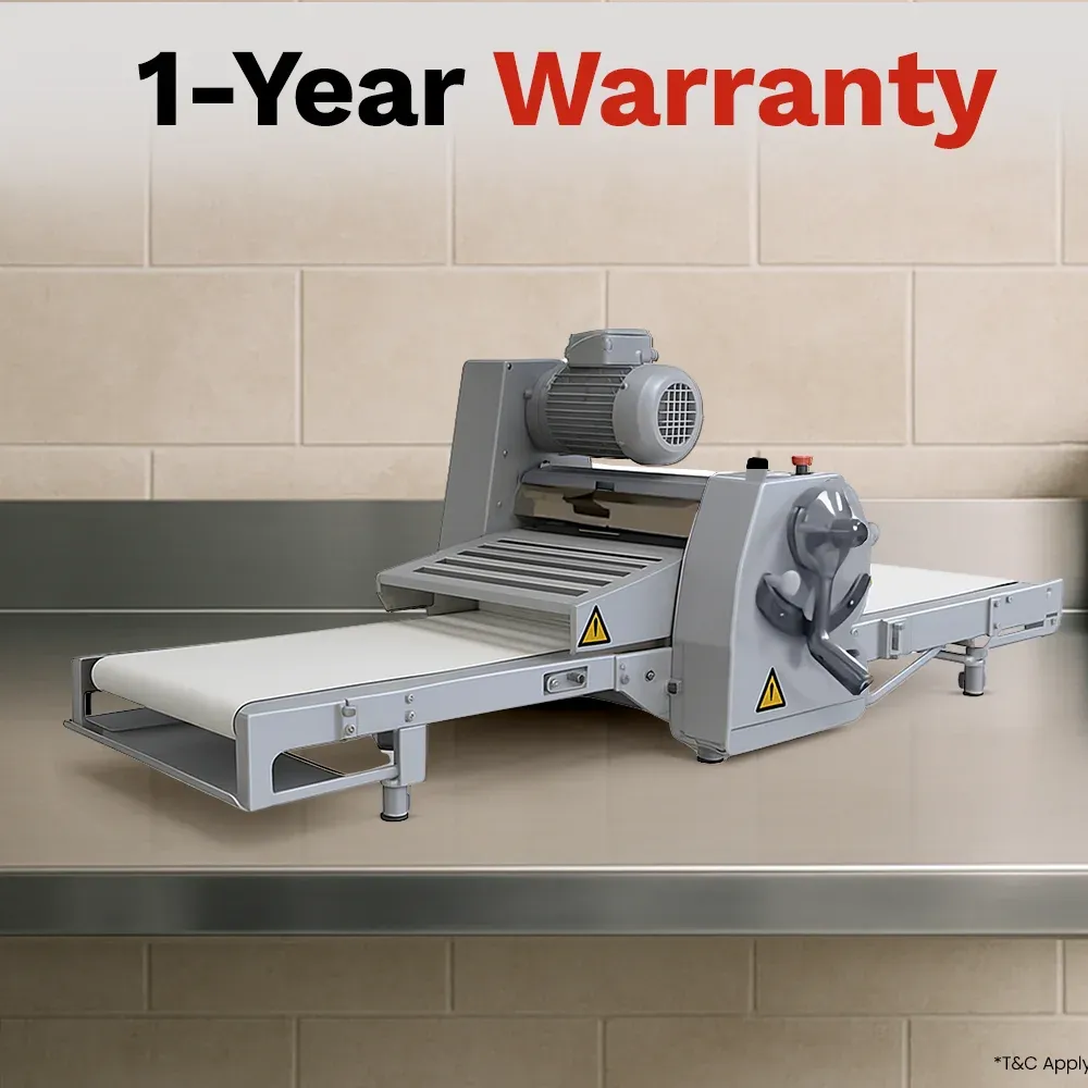 BakeMax Countertop dough sheeter with reversible stainless rollers, quiet motor, compact, reliable, easy to clean for bakery and pizza kitchens.