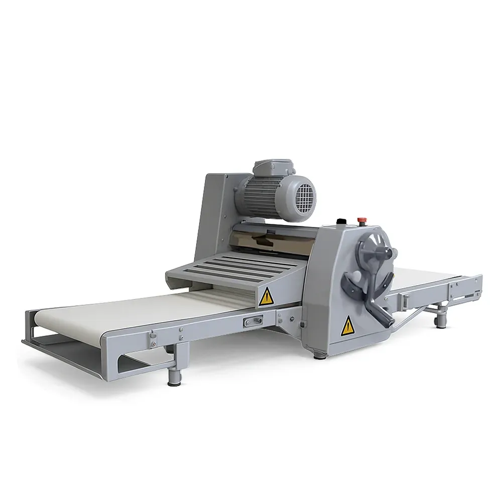 BakeMax Countertop dough sheeter with reversible stainless rollers, quiet motor, compact, reliable, easy to clean for bakery and pizza kitchens.