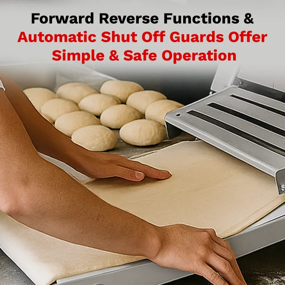 BakeMax Countertop dough sheeter with reversible stainless rollers, quiet motor, compact, reliable, easy to clean for bakery and pizza kitchens.