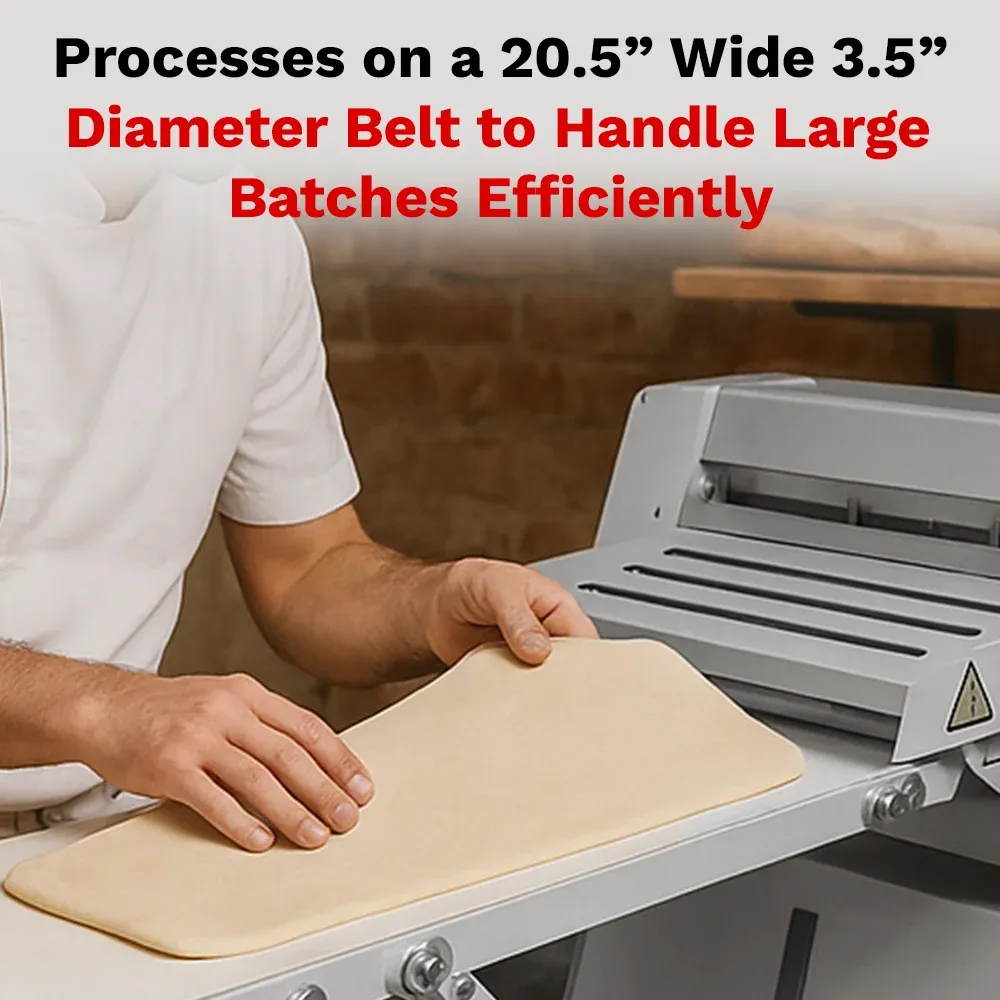 BakeMax Countertop dough sheeter with reversible rollers, quiet motor, compact and easy to clean, suited for bakery, pizza, and pastry kitchens.