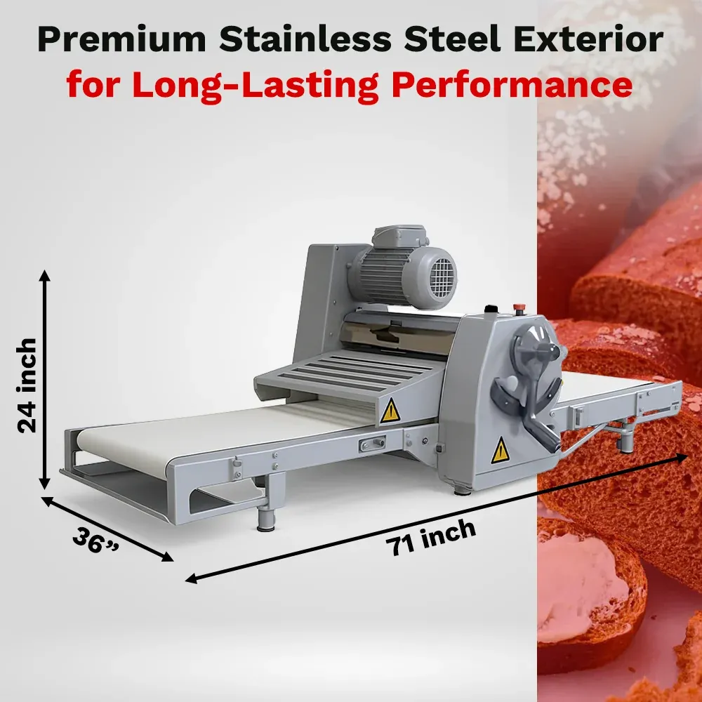 BakeMax Countertop dough sheeter with reversible rollers, quiet motor, compact and easy to clean, suited for bakery, pizza, and pastry kitchens.