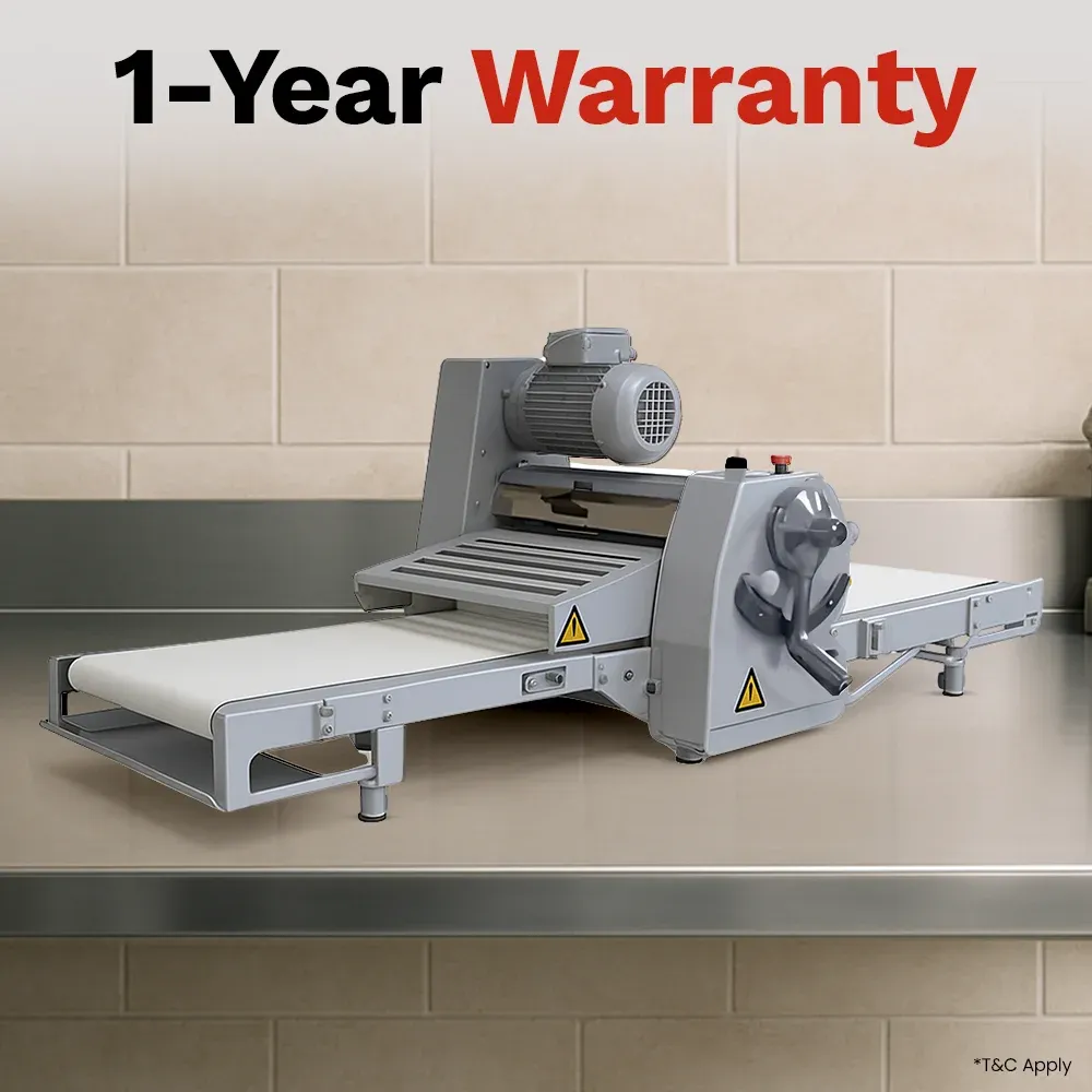 BakeMax Countertop dough sheeter with reversible rollers, quiet motor, compact and easy to clean, suited for bakery, pizza, and pastry kitchens.