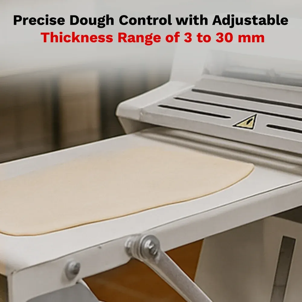 BakeMax Countertop dough sheeter with reversible rollers, quiet motor, compact and easy to clean, suited for bakery, pizza, and pastry kitchens.