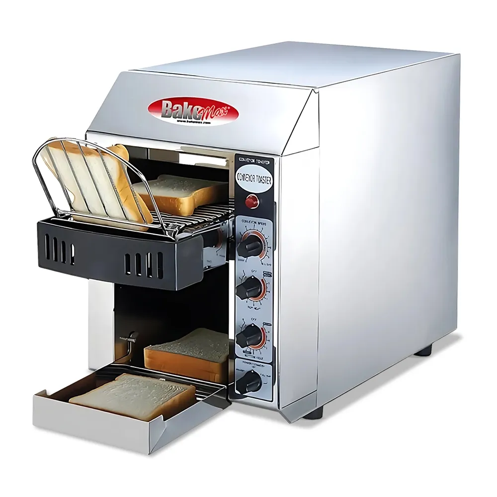Compact thirteen-inch BakeMax toaster delivers 180 slices per hour, designed for trucks and kiosks with fast warmup and energy-saving mode.