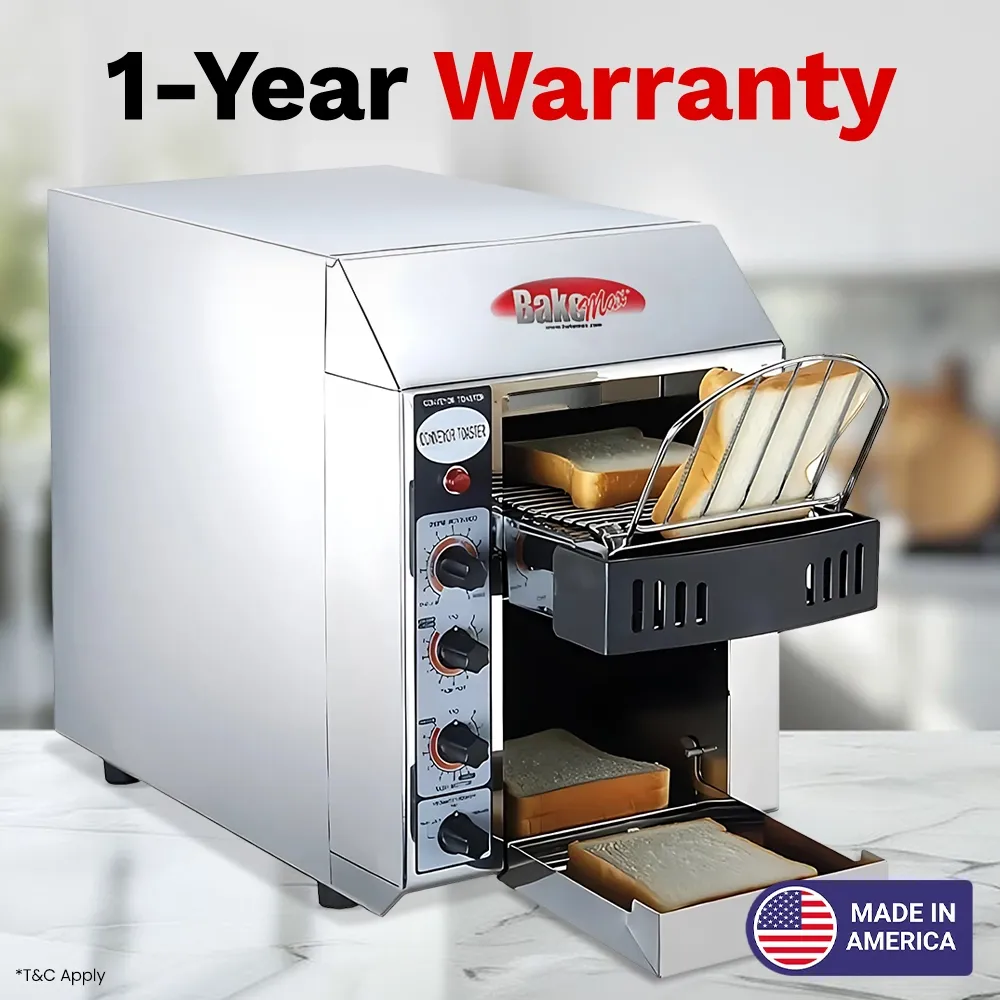 Compact thirteen-inch BakeMax toaster delivers 180 slices per hour, designed for trucks and kiosks with fast warmup and energy-saving mode.