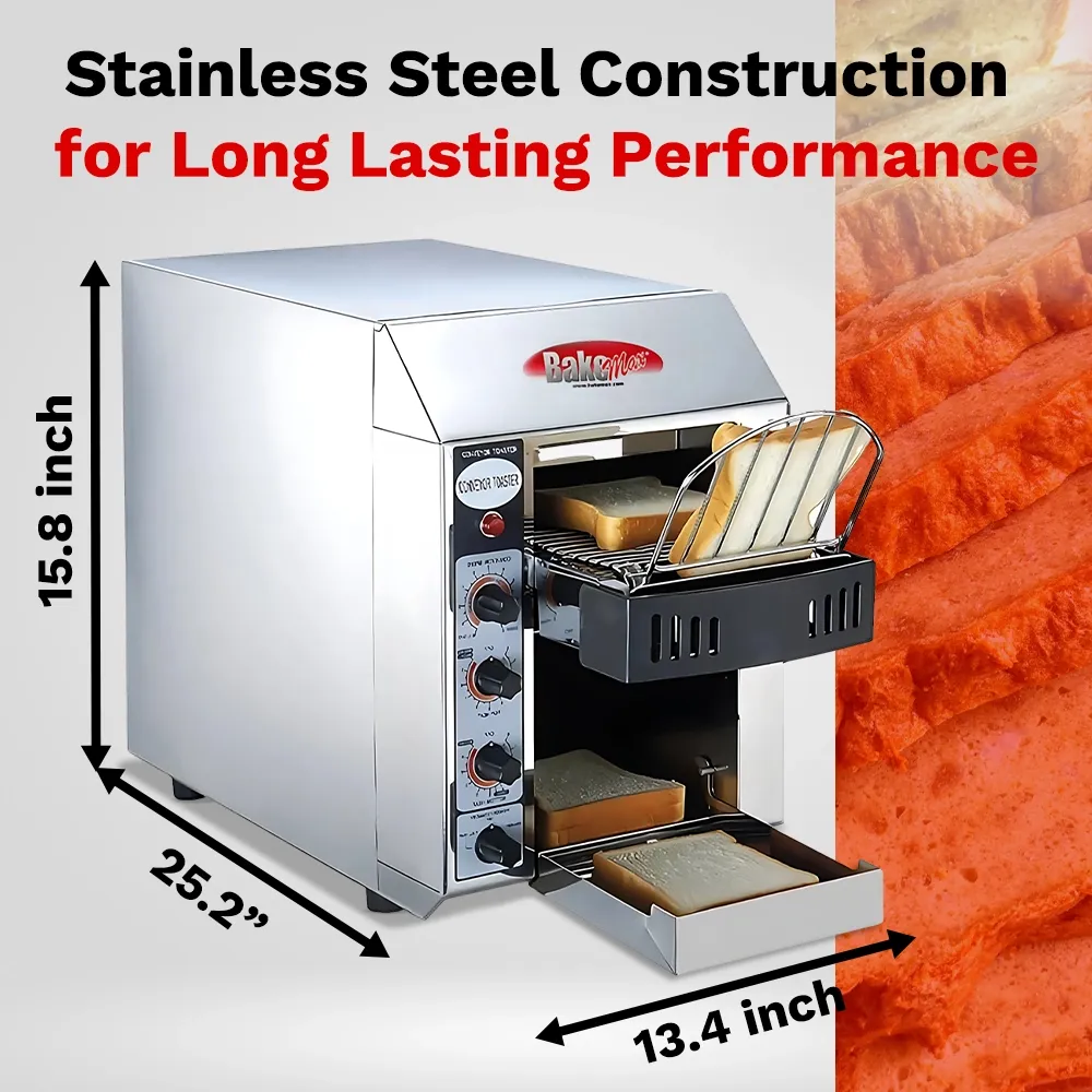Compact thirteen-inch BakeMax toaster delivers 180 slices per hour, designed for trucks and kiosks with fast warmup and energy-saving mode.
