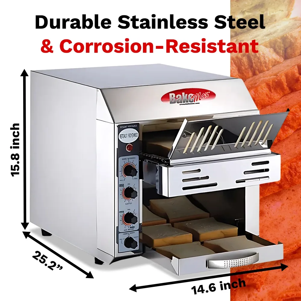 BakeMax toaster with fourteen-inch width offers even toasting and speed settings, perfect for hotels and buffet service. Compact stainless finish.