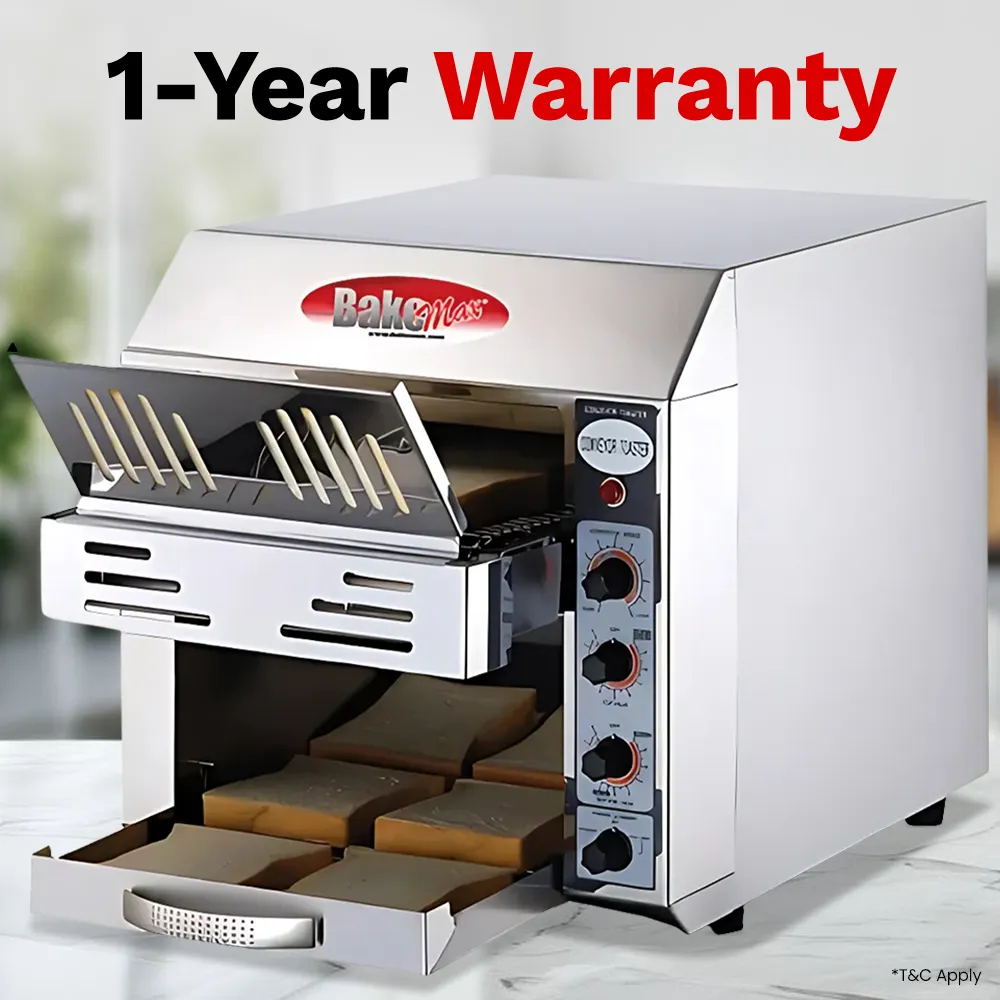 BakeMax toaster with fourteen-inch width offers even toasting and speed settings, perfect for hotels and buffet service. Compact stainless finish.